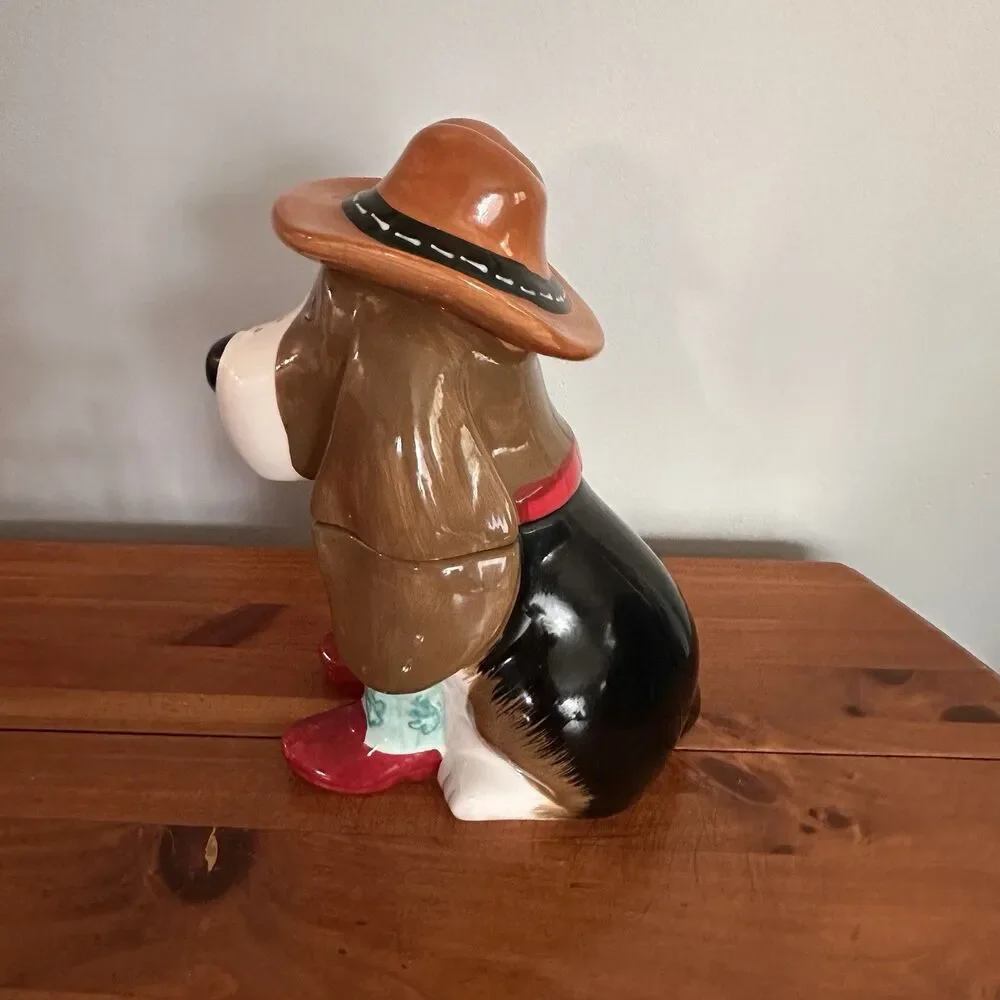 The Pioneer Woman Charlie Cookie Jar Blue Boots Basset Hound Dog Cowboy Hat -12”